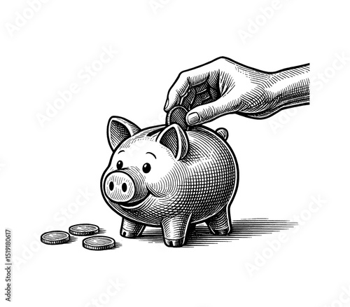 Hand putting coin in piggy bank vector engraved etching art style black and white illustration