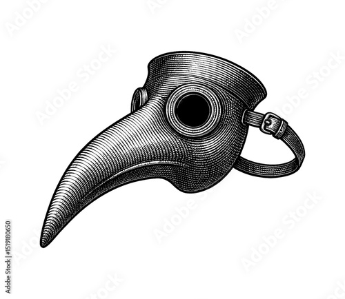 Vintage Plague Doctor Mask Detailed Engraving Style on White Background, Vector Illustration