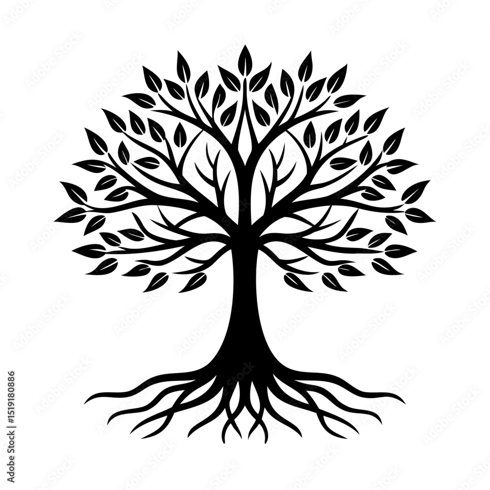 Obraz premium Elegant black and white tree illustration featuring roots branches and leaves on white background