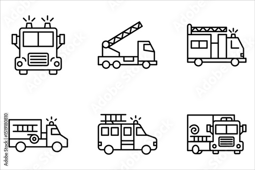 Fire truck icon set, transport and emergency, firefighter car sign on white background
