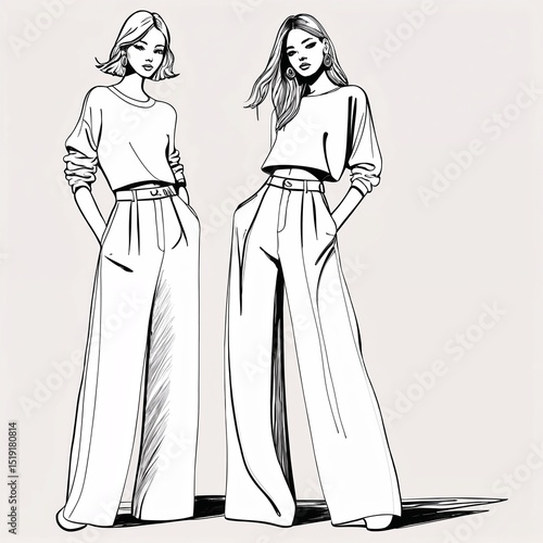 Fashion girl in wide pants, sketch