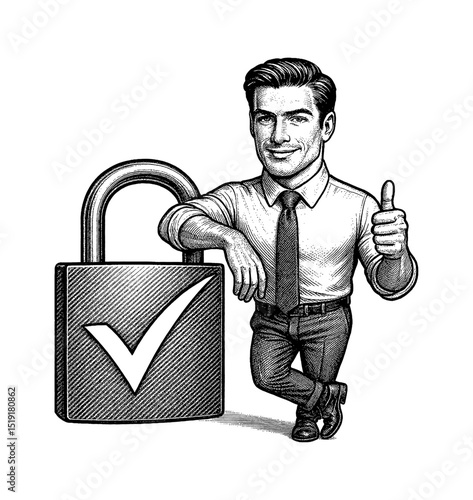 Smiling Businessman Leaning on Padlock with Thumbs Up in Detailed Black and White Drawing