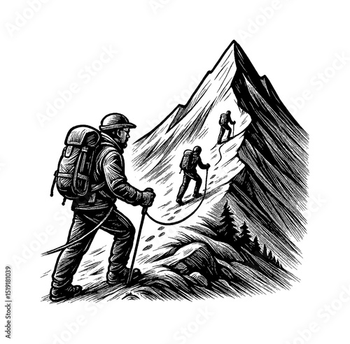 Group of People Hiking Up a Mountain in Black and White Engraving Style Illustration