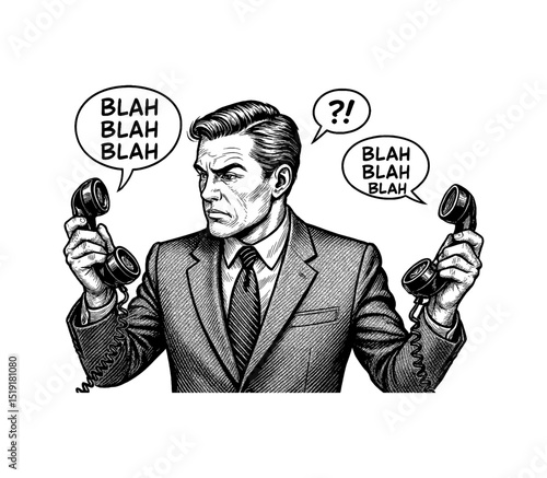 Frustrated businessman holding two phones, overwhelmed by conversation, comic illustration.