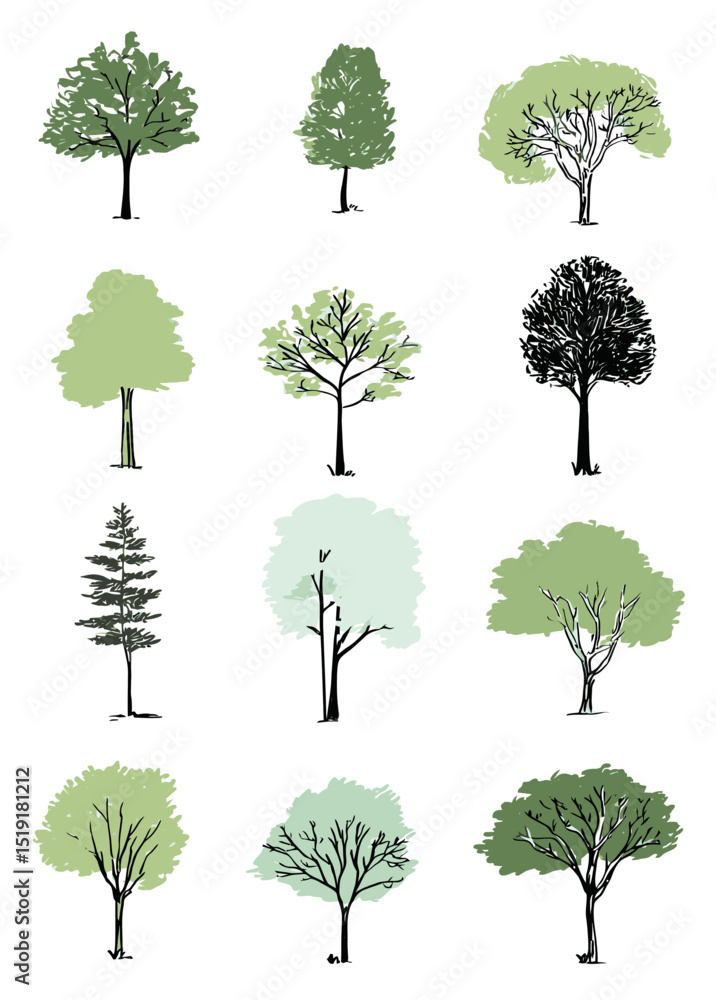 Fototapeta premium Green Tree Silhouettes A Collection of 12 Unique Tree Illustrations