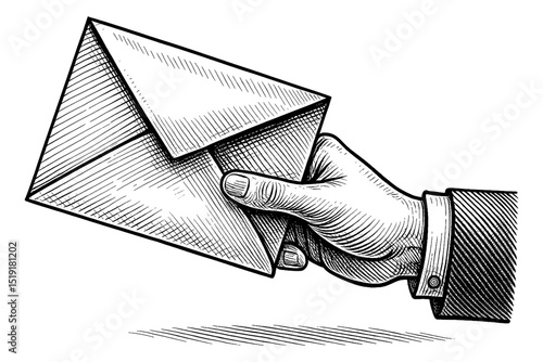Hand Holding Envelope Engraving Style Detailed Illustration on White Background