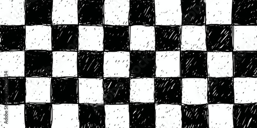 Grunge Checkerboard Seamless Pattern Hand-Drawn Black and White Texture