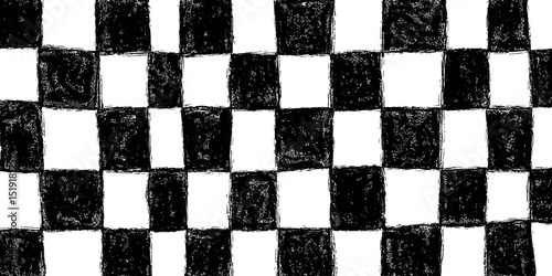 Grunge Checkerboard Seamless Pattern Hand-Drawn Black and White Texture