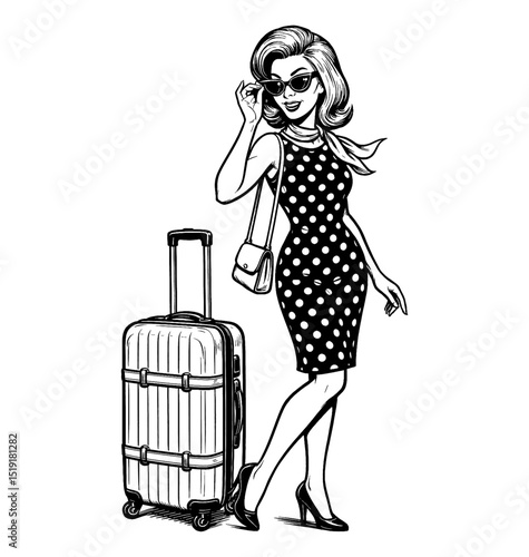 Elegant Woman with Suitcase in Polka Dot Dress and Sunglasses, Black and White Line Art