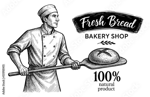 Illustration of baker holding bread on a peel with fresh bread bakery shop text