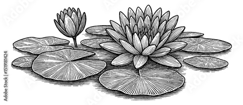 Detailed Engraving of Water Lily Flower and Lily Pads in Black and White Line Art