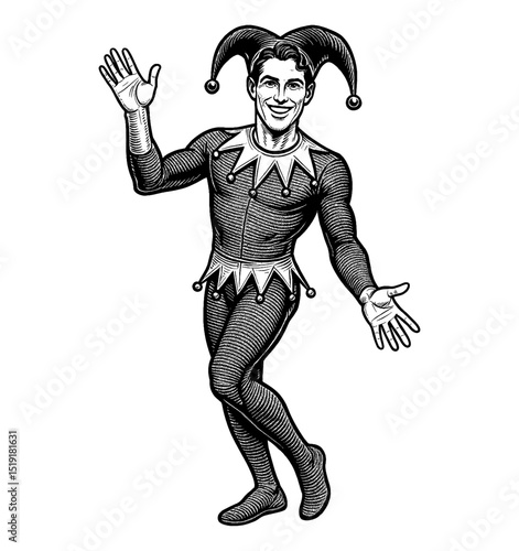 Smiling Jester Waving Hand in Engraving Style Black and White Image. Man with Jester Hat