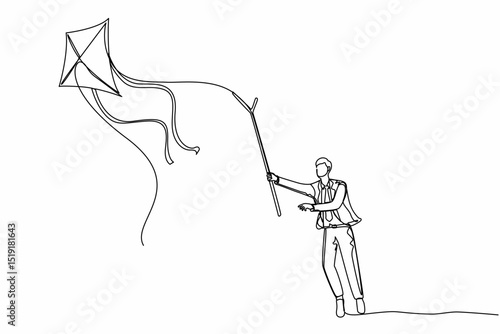 Single one line drawing businessman chasing kite using stick. Young man trying to catch opportunities. Successful business metaphor. Modern continuous line draw design graphic vector illustration