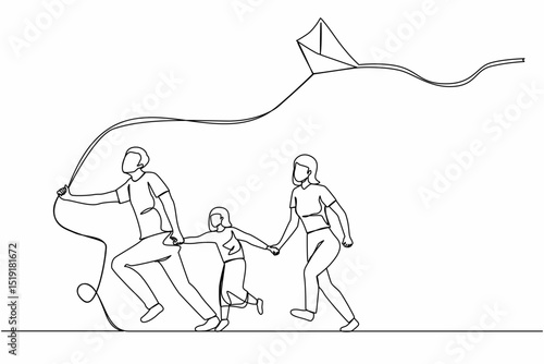 Single one line drawing happy family with flying kite. Smiling mother, father and their little daughter launching kite together at summer festival. Modern continuous line draw design graphic vector