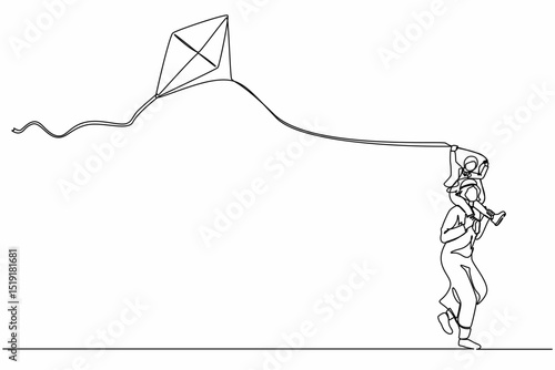 Single continuous line drawing dad and daughter have fun, fly kite. Arab father carrying daughter on shoulders. Happy father and child spending free time together. One line draw graphic design vector