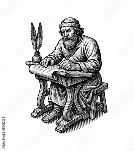 A bearded man is writing on a scroll with a quill pen at a wooden table Engraving