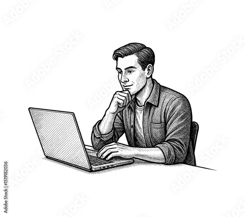 Man Thinking While Using Laptop Computer in Detailed Black and White Outline Line Art Drawing
