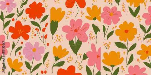 Vibrant Hand-Drawn Floral Background Seamless Pattern of Colorful Flowers