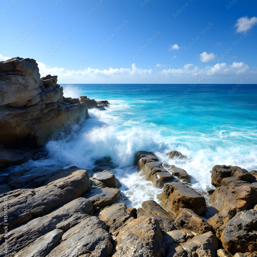 Obraz premium Ocean Waves Hitting Rocky Shoreline under Blue Sky
