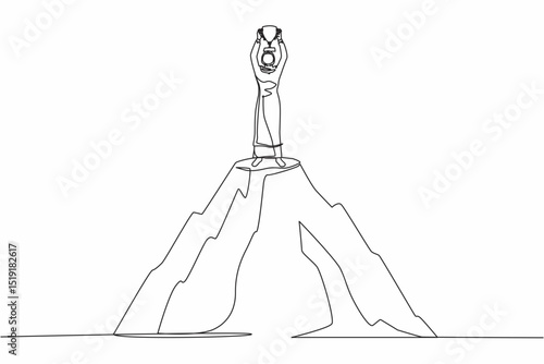 Continuous one line drawing Arabian businesswoman holding trophy on the top of the high mountain. Success, goal, achievement and challenge concept. Single line draw design vector graphic illustration