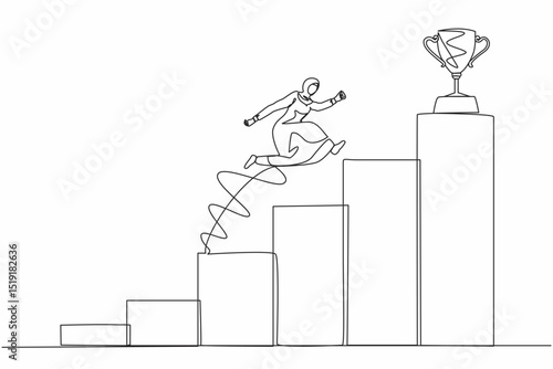 Single one line drawing Arabian businesswoman jumping to success. Step to successful. Achieve trophy. Female run and go to their goal on stairs, way to achieve goal. Continuous line draw design vector