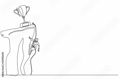Single continuous line drawing climber hanging on rope and pulling himself on top of rocky mountain wall to reach trophy. Extreme Arabic businesswoman climbing on cliff. One line graphic design vector