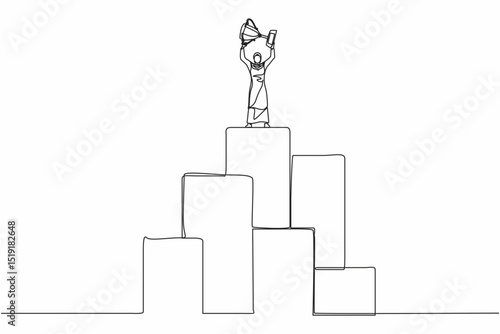 Single continuous line drawing Arab businesswoman standing on big graphic bar and lifting trophy. Winner pose. Success, goal, achievement and concept. One line draw graphic design vector illustration
