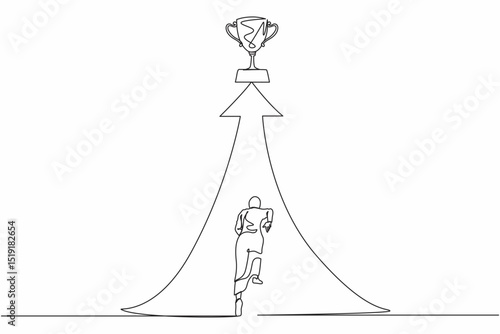 Continuous one line drawing reach for trophy. Arabian businesswoman runs to target. Female working for goal, success, development, ability, victory, motivation. Single line draw design vector graphic