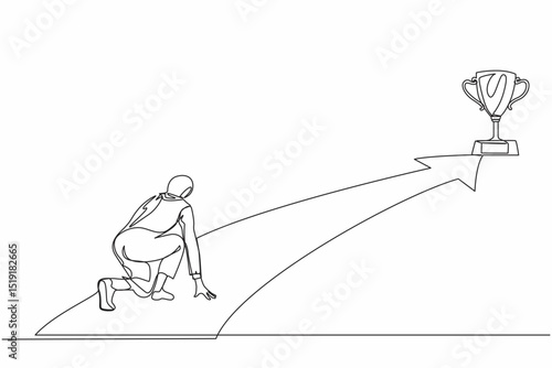 Single continuous line drawing Arab businesswoman get ready on starting to goal of business in starting position ready to sprint run. Reaching trophy. Business concept. One line graphic design vector