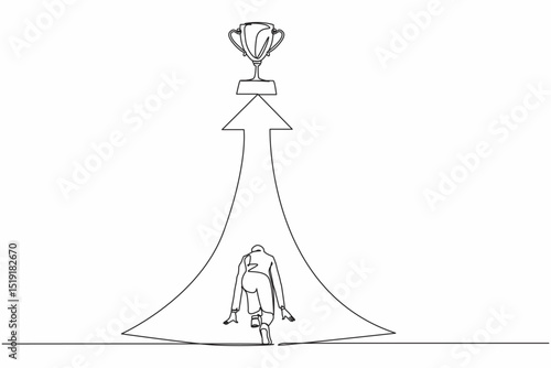 Single continuous line drawing back view Arabian businesswoman ready to run to trophy at end of route. Vision mission, goal of business. Female run to their goal. One line draw graphic design vector