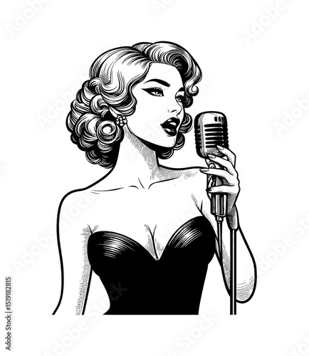 Glamorous Caucasian Woman Singing Into Vintage Microphone with Confidence in Black and White Line Art