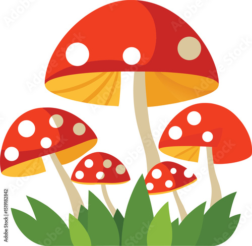 Charming Cartoon Mushroom Patch. A delightful cartoon illustration showcases a cluster of vibrant red toadstools with playful white spots, nestled amongst tufts of green grass.