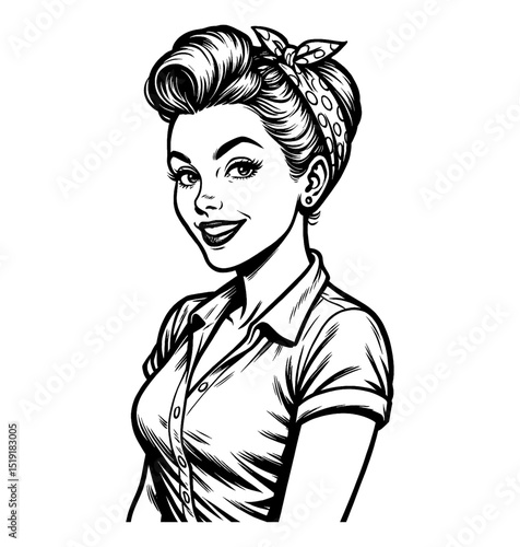 Smiling Caucasian woman in pinup style with headscarf, wearing shirt in vintage black and white art