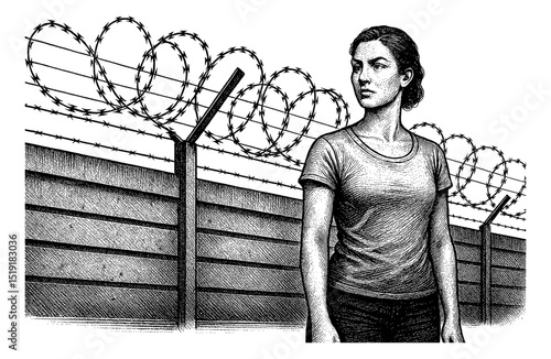 Serious Caucasian Woman Standing Near a Barbed Wire Fence in a Black and White Detailed Engraving Style