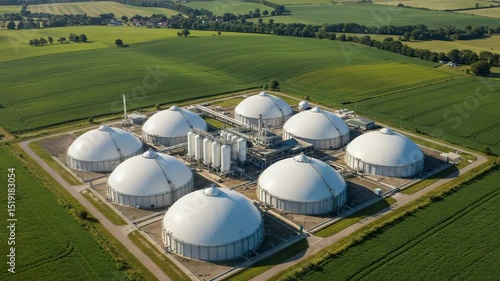 Modern Biogas Plant in Green Fields: Aerial View
