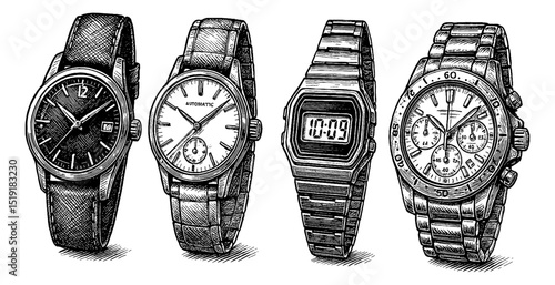 Collection of Detailed Engraved Wristwatches with Analog and Digital Displays and Metal Straps
