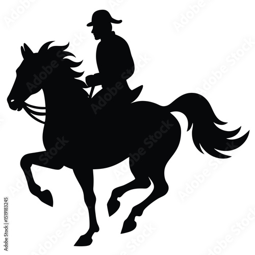 Silhouette of a rider on a galloping horse from a side viewpoint