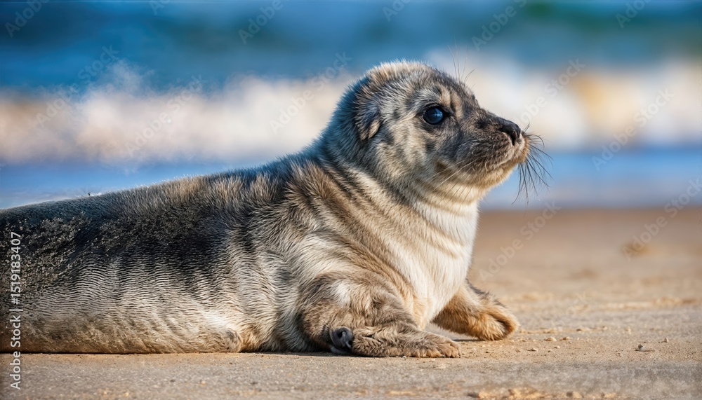 Fototapeta premium Atlantic Grey Seal Pup Frolicking on Sandy Beach Playful Halichoerus Grypus Amidst Warm Coastal Hues and SunKissed Shoreline