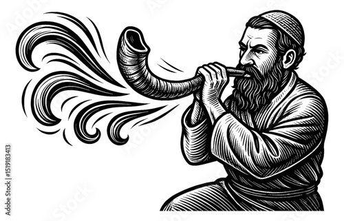 Jewish Man Blowing Shofar Horn with Powerful Sound in Detailed Engraving Style Art