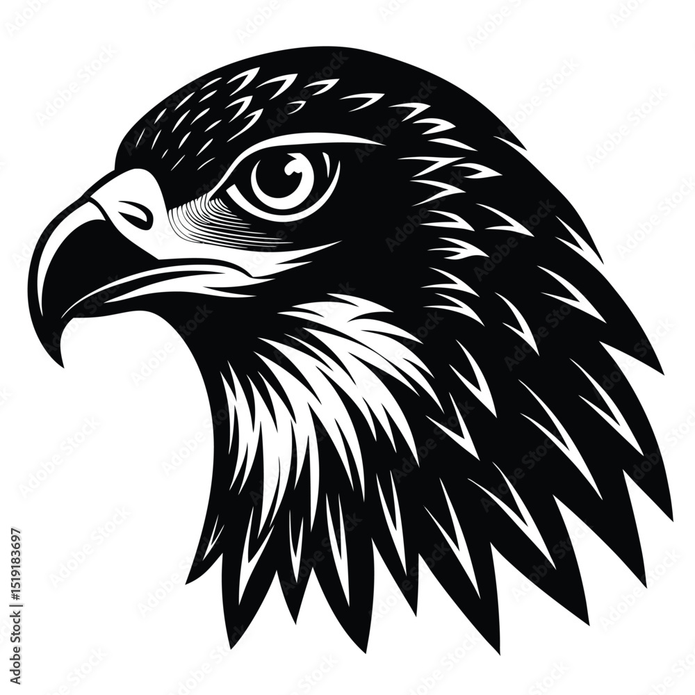 Fototapeta premium A majestic eagle's head is depicted in a detailed black and white illustration, showcasing its sharp beak and piercing gaze.
