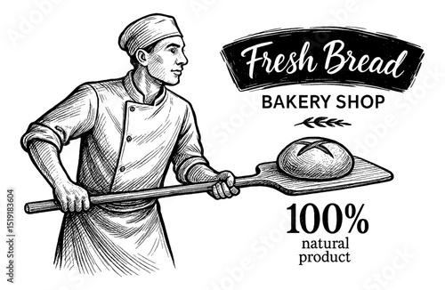 Baker Holding Bread on Shovel in Vintage Black and White Engraving Style Illustration Art