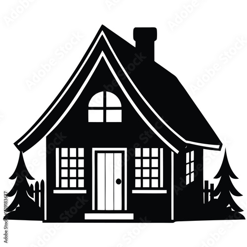 A black and white illustration of a house with trees surrounding it from a front viewpoint