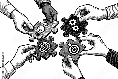 Diverse Hands Connect Puzzle Pieces with Icons of Idea, Gears, Globe and Target