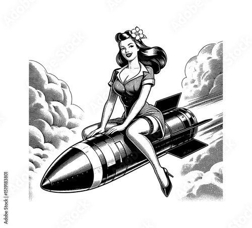 Smiling Pinup Woman Sitting on a Rocket with Clouds in Engraved Style Illustration