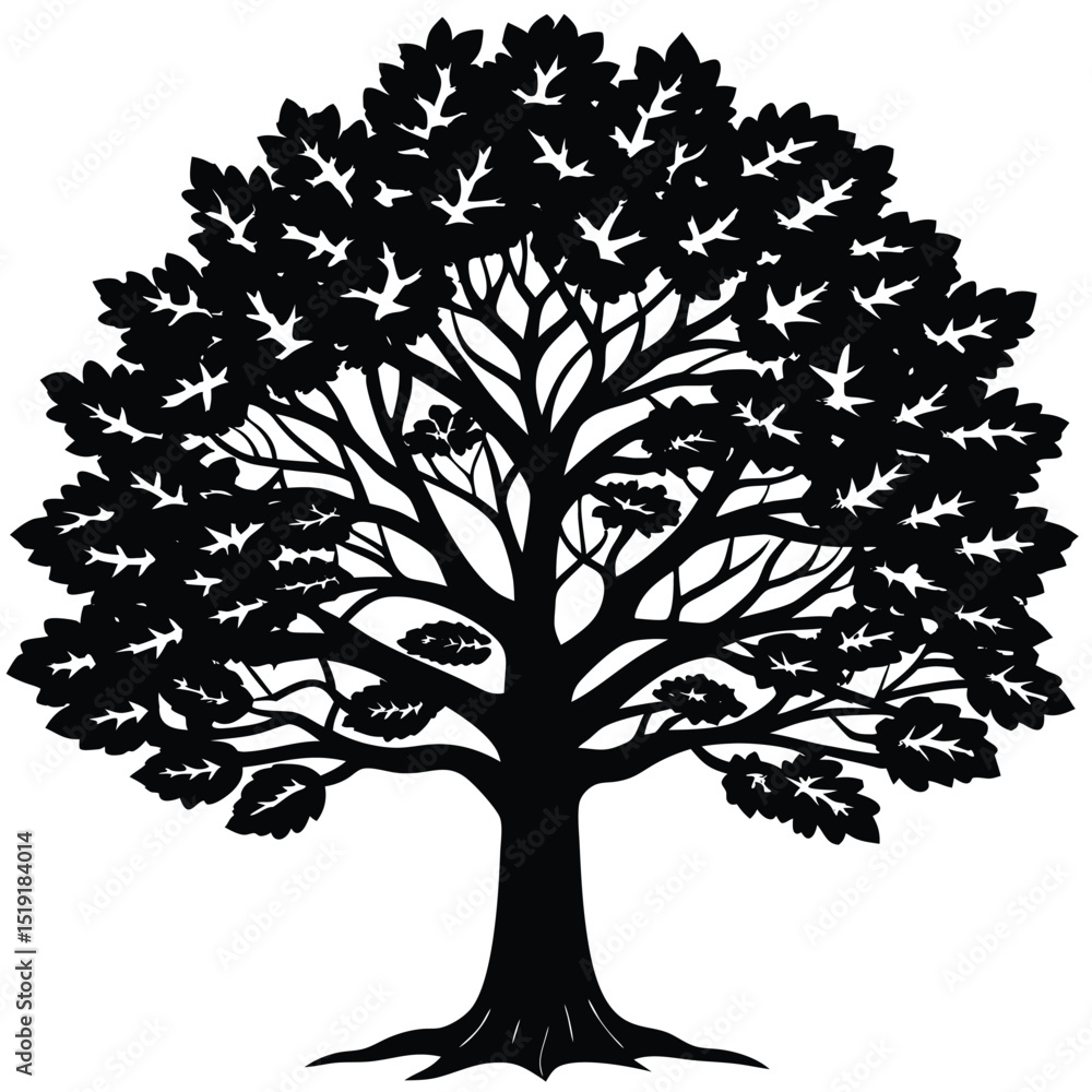 Obraz premium A serene tree with birds flying around it, surrounded by leaves, in a peaceful environment, viewed from the side