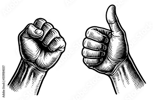 Engraved Illustration of Hand Gestures: Fist and Thumbs Up in Black and White