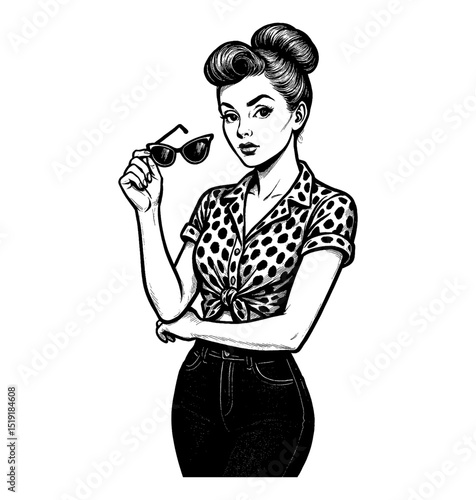 Elegant pinup woman holding sunglasses in monochrome outline art, posing with polka dot shirt