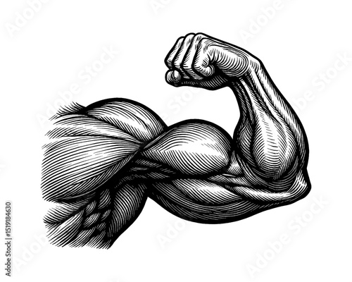 Engraved Illustration of Muscular Arm Showing Bicep Muscles and Strength, Black and White