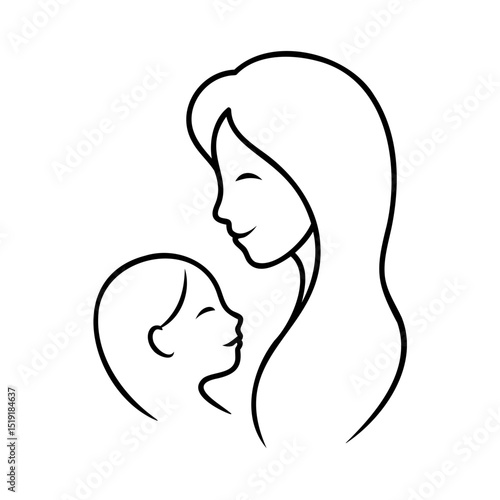 Simple black and white line art illustration of mother and baby smiling happily