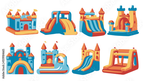 Cartoon Vector Illustrations of Inflatable Castles and Slides for Kids